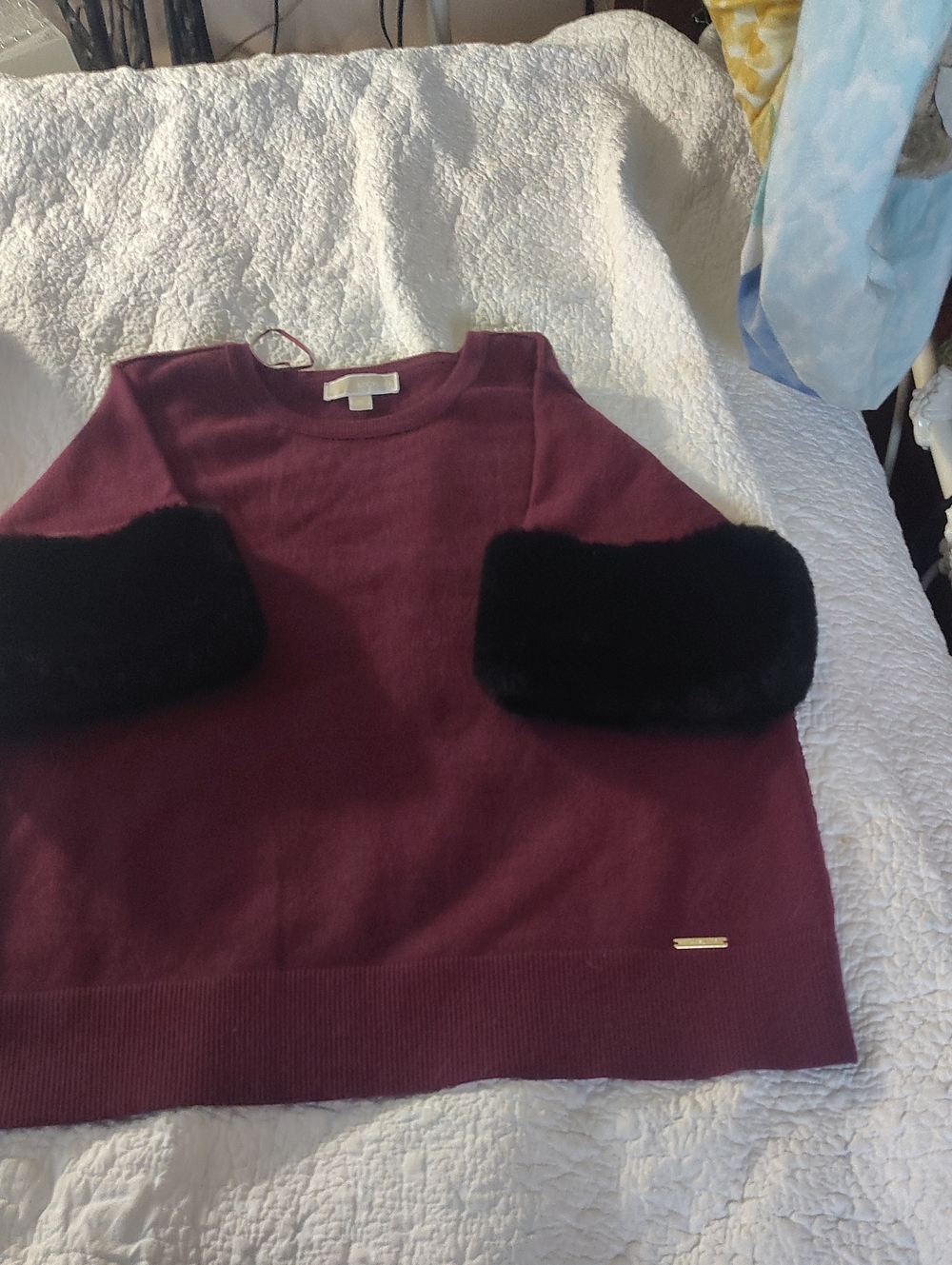 Michael Kors Wine Crewneck Sweater with Black Faux Fur Cuffs